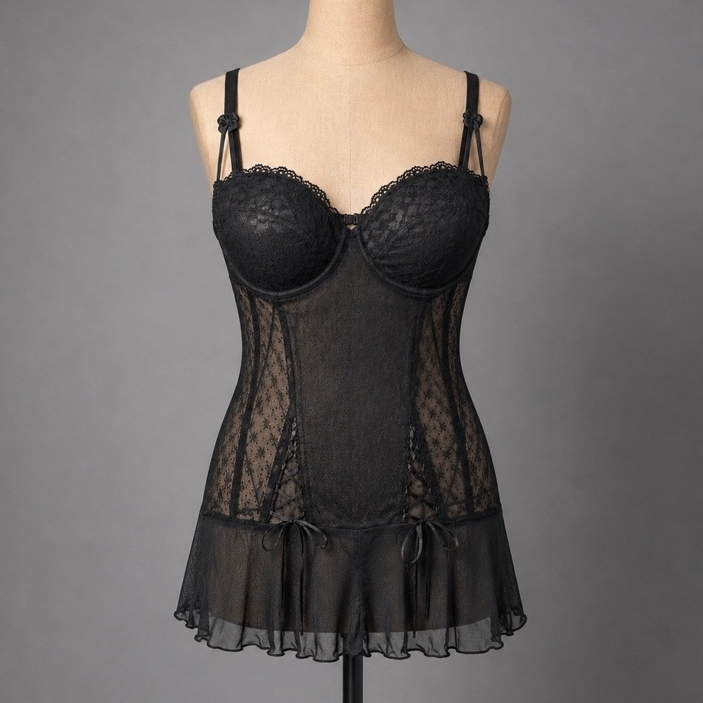 Sheer Lace Mesh Underwire Babydoll Chemise Size 2X Corset Bustier Whimsigoth